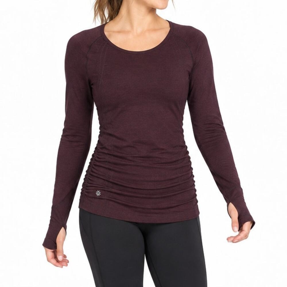 Athleta Speedlight Heather Top Burgundy Ruched Thumbholes Long Sleeve Women's L
